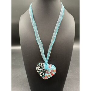 Murano Style Glass Heart Pendant Necklace Millefiori Leopard Blue Ribbon 18-20in